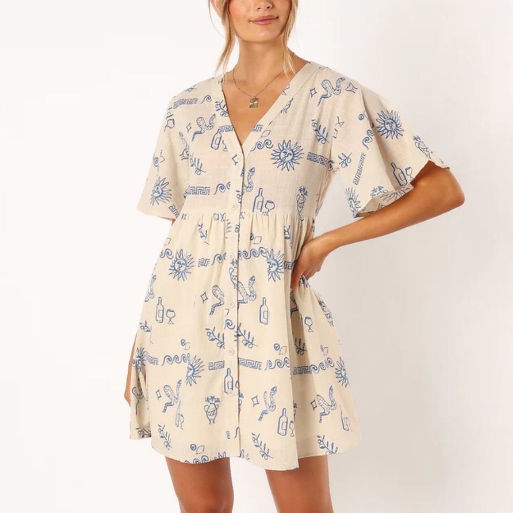 Blue Patterned Cream Dress